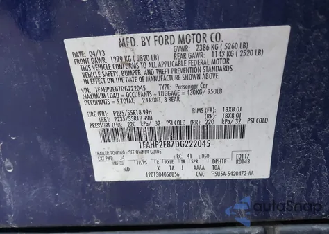 2013 Ford Taurus Sel from USA, damaged, VIN 1FAHP2E87DG222045